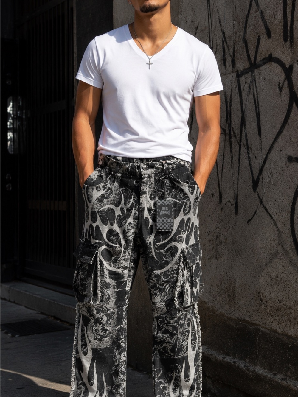 Rebel Vengeance Black & Gray Tapestry Cargo Pants